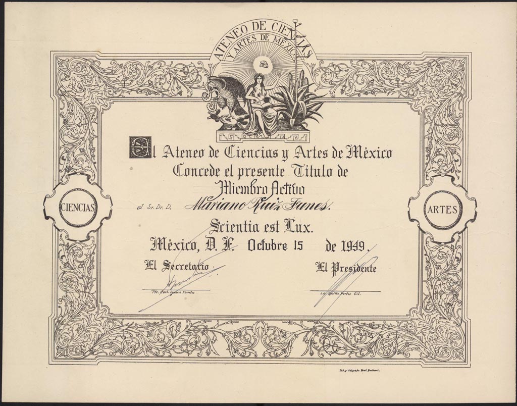 Título de miembro activo otorgado a Mariano Ruiz-Funes García por el Ateneo de Ciencias y Artes de México.